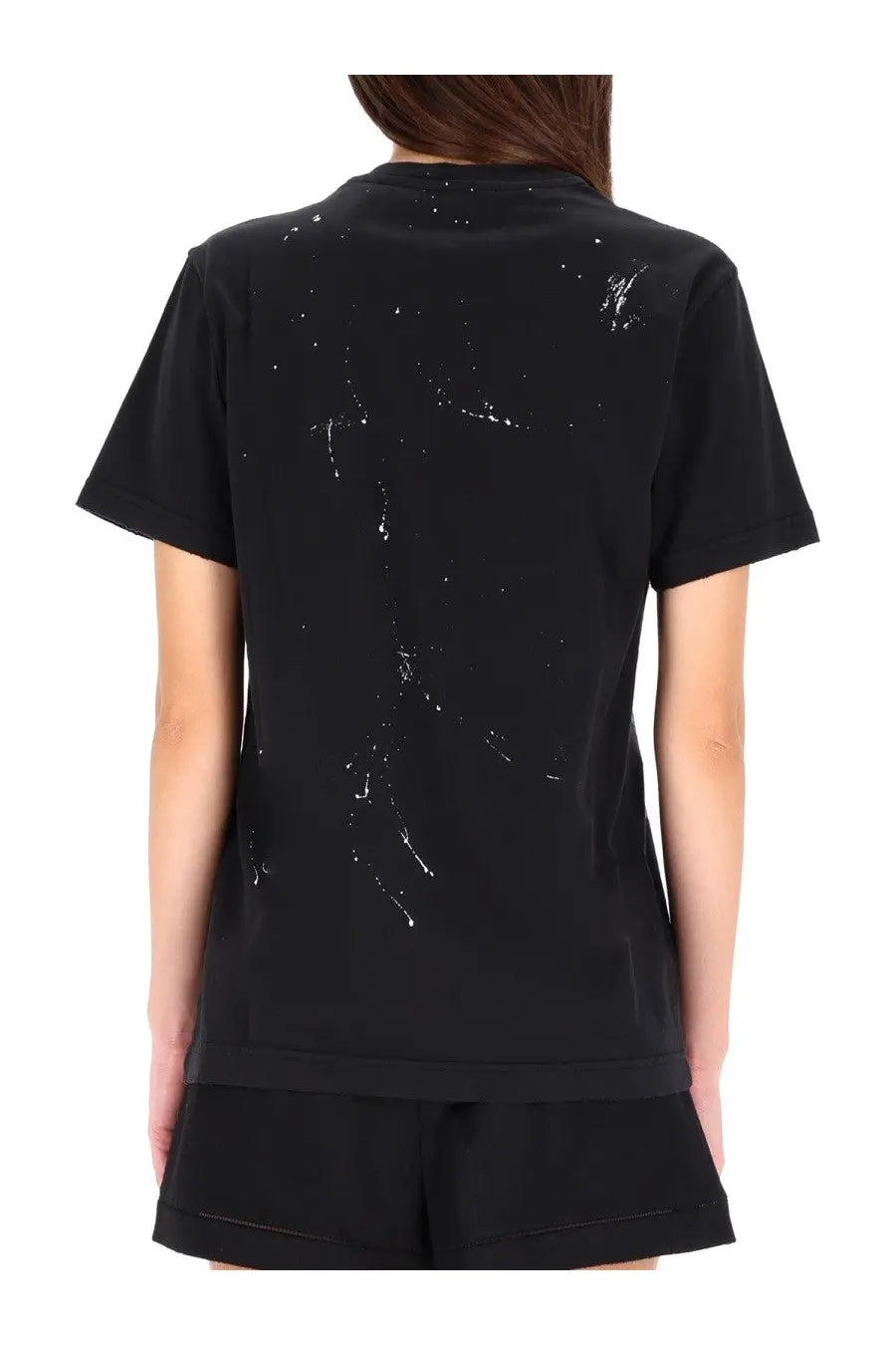 Dolce &amp; Gabbana women’s black short-sleeved t-shirt with a distressed white paint splatter design
