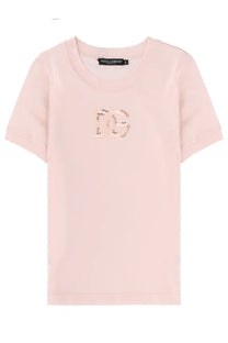 Dolce &amp; Gabbana women’s soft pink t-shirt with sparkling dg logo appliqué on the chest