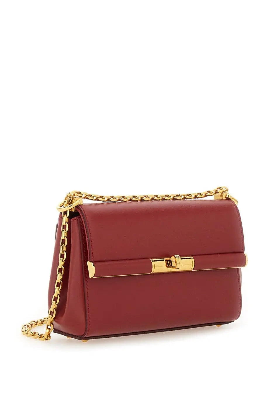A sleek burgundy leather crossbody bag with gold-tone chain strap and hardware by Dolce &amp; Gabbana