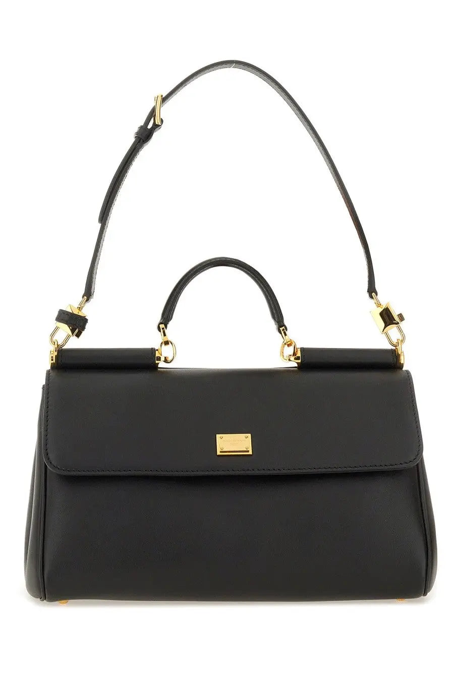 Dolce &amp; Gabbana women’s my Sicily handbag black leather with gold-tone hardware and front rectangular plaque