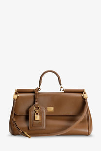 Brown leather dolce &amp; gabbana my sicily crossbody bag with gold hardware and detachable shoulder strap beige