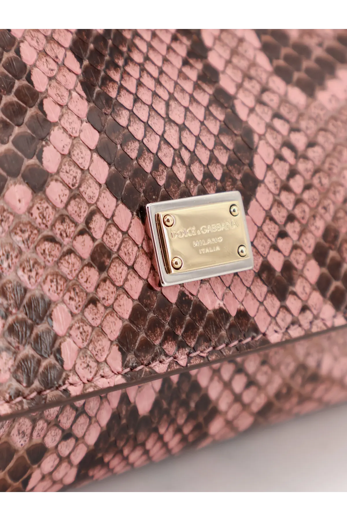 Dolce &amp; Gabbana women’s Sicily python handbag in pink snakeskin with gold-tone metal plaque clutch design