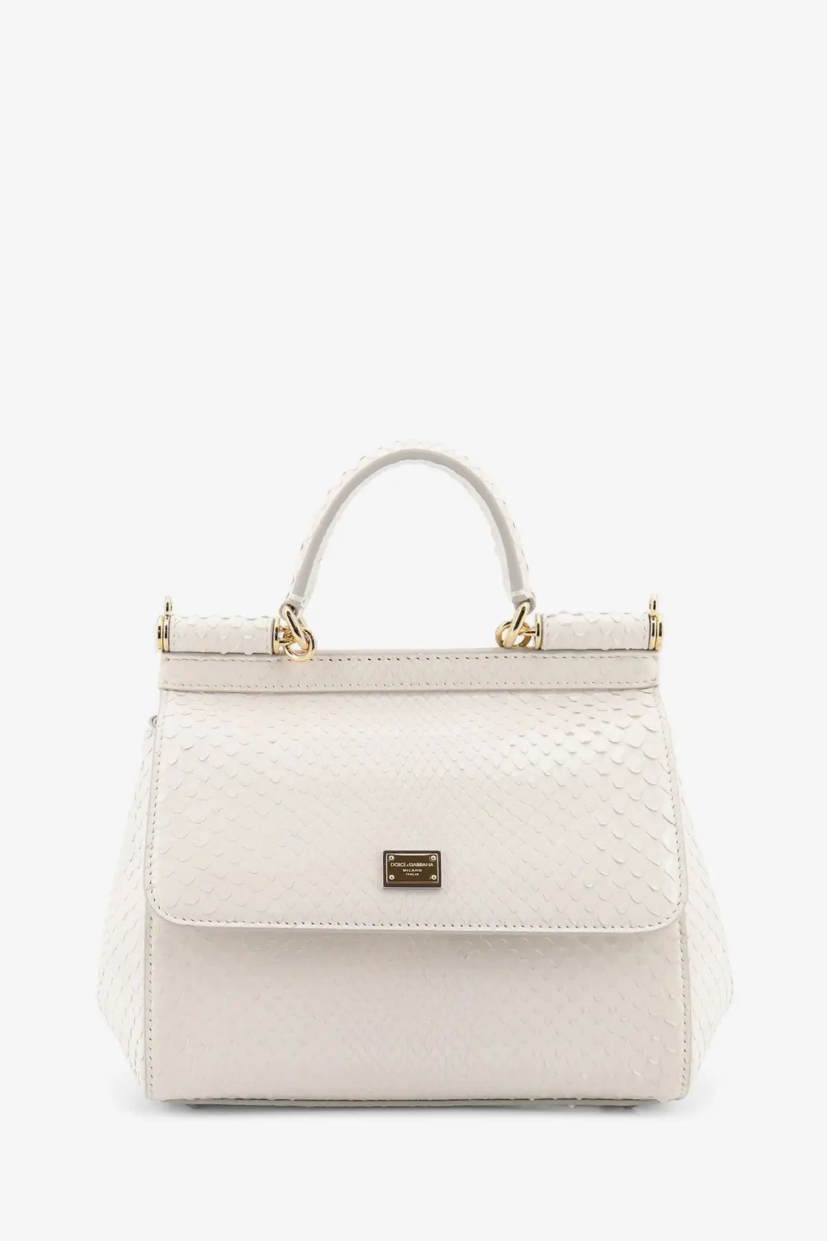 Dolce &amp; Gabbana white python-embossed leather handbag with gold-tone hardware and rectangular metal plaque