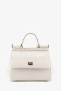 Dolce &amp; Gabbana white python-embossed leather handbag with gold-tone hardware and rectangular metal plaque