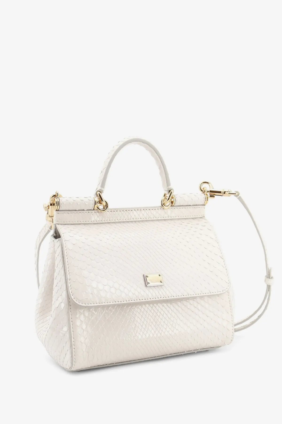 Dolce &amp; Gabbana women’s Sicily python handbag in white snake-print leather with gold-tone hardware and detachable strap