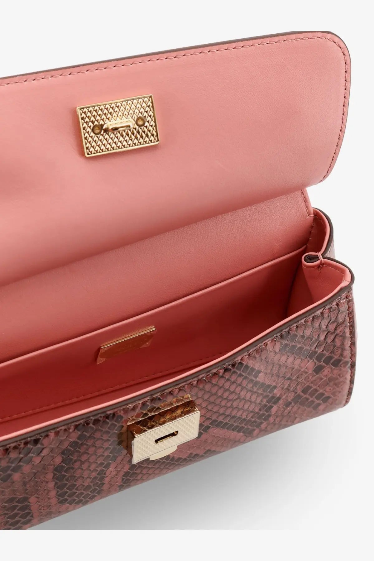 Dolce &amp; Gabbana women’s pink shiny python mini handbag with snakeskin pattern gold hardware and matching interior lining