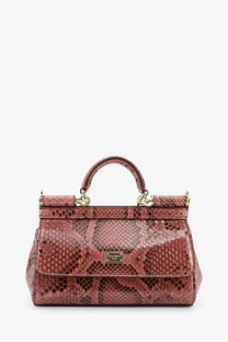 Dolce &amp; Gabbana women’s Sicily shiny python mini handbag in dusty rose with glossy snake skin texture and gold hardware