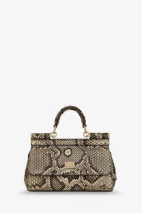 Dolce &amp; Gabbana women’s Sicily shiny python mini handbag in beige and brown snakeskin with gold hardware