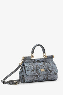 Dolce &amp; Gabbana women’s Sicily shiny python mini handbag in gray snake print with gold hardware and detachable strap