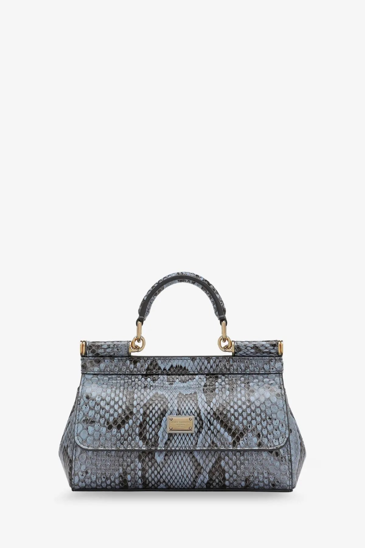 Dolce &amp; Gabbana women’s sicily shiny python mini handbag in gray and black snake print with gold tone hardware
