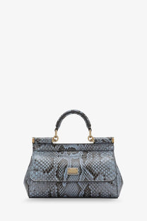 Dolce &amp; Gabbana women’s sicily shiny python mini handbag in gray and black snake print with gold tone hardware