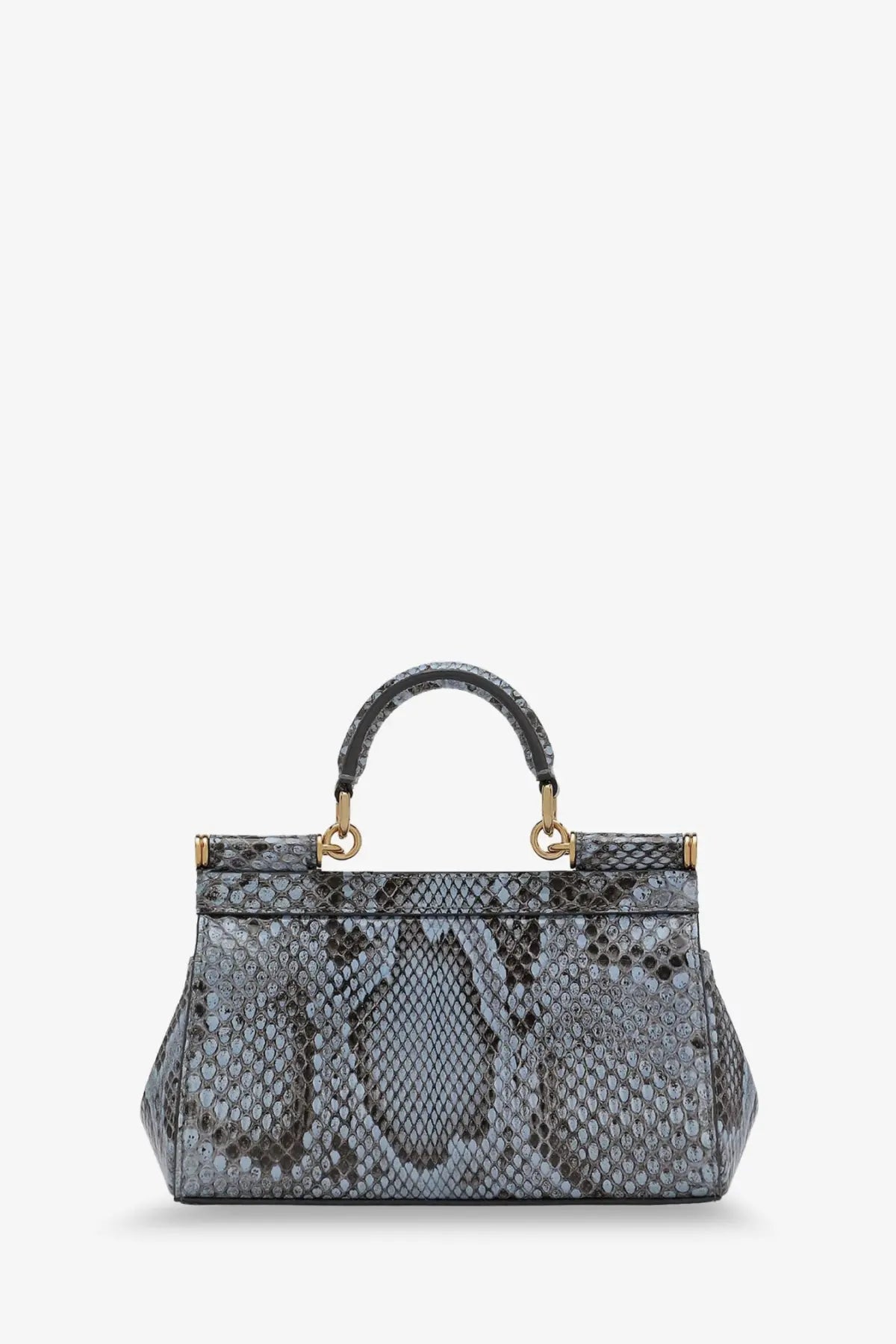 Dolce &amp; Gabbana women’s Sicily shiny python mini handbag in gray snake-print leather with gold-tone hardware