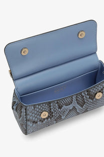Dolce &amp; Gabbana women’s Sicily shiny python mini handbag in white with gray and black snake-skin exterior and light blue lining