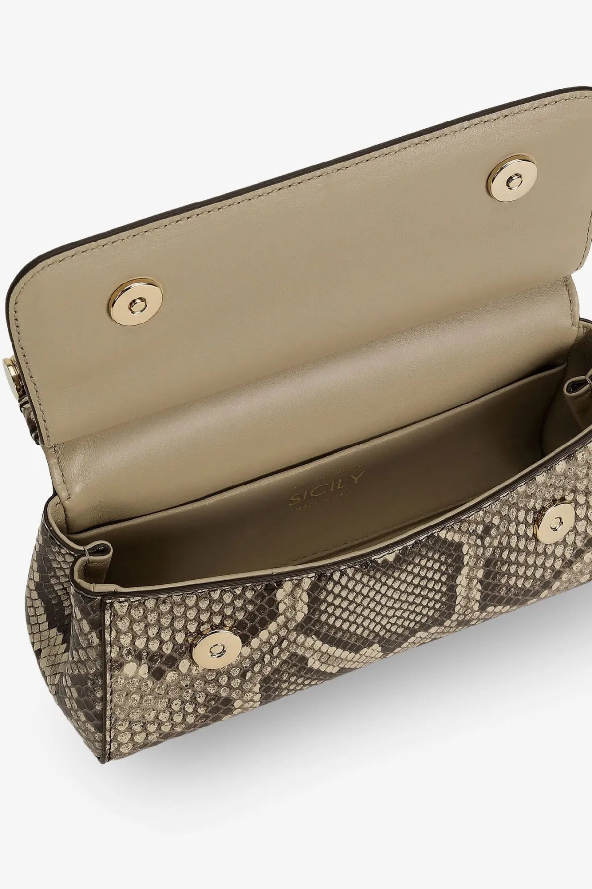 Dolce &amp; Gabbana women’s Sicily shiny python mini handbag in taupe snake print with gold-tone hardware and minimalist design