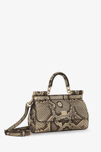 Dolce &amp; Gabbana women’s Sicily mini handbag in taupe and brown snake print with gold-tone clasp and straps