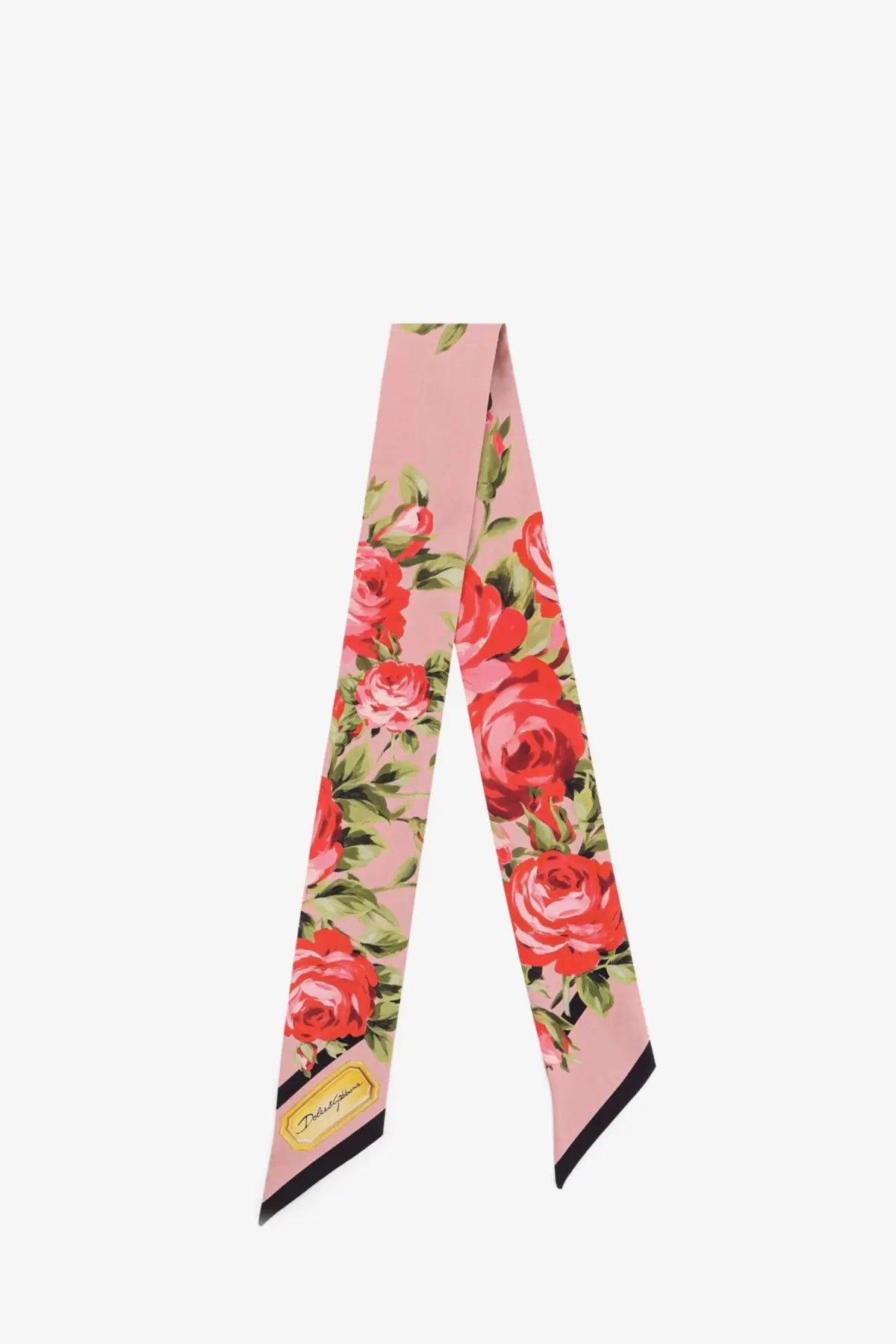 Dolce &amp; Gabbana women’s pink silk bandeau featuring vibrant red roses green leaves and black trim accents