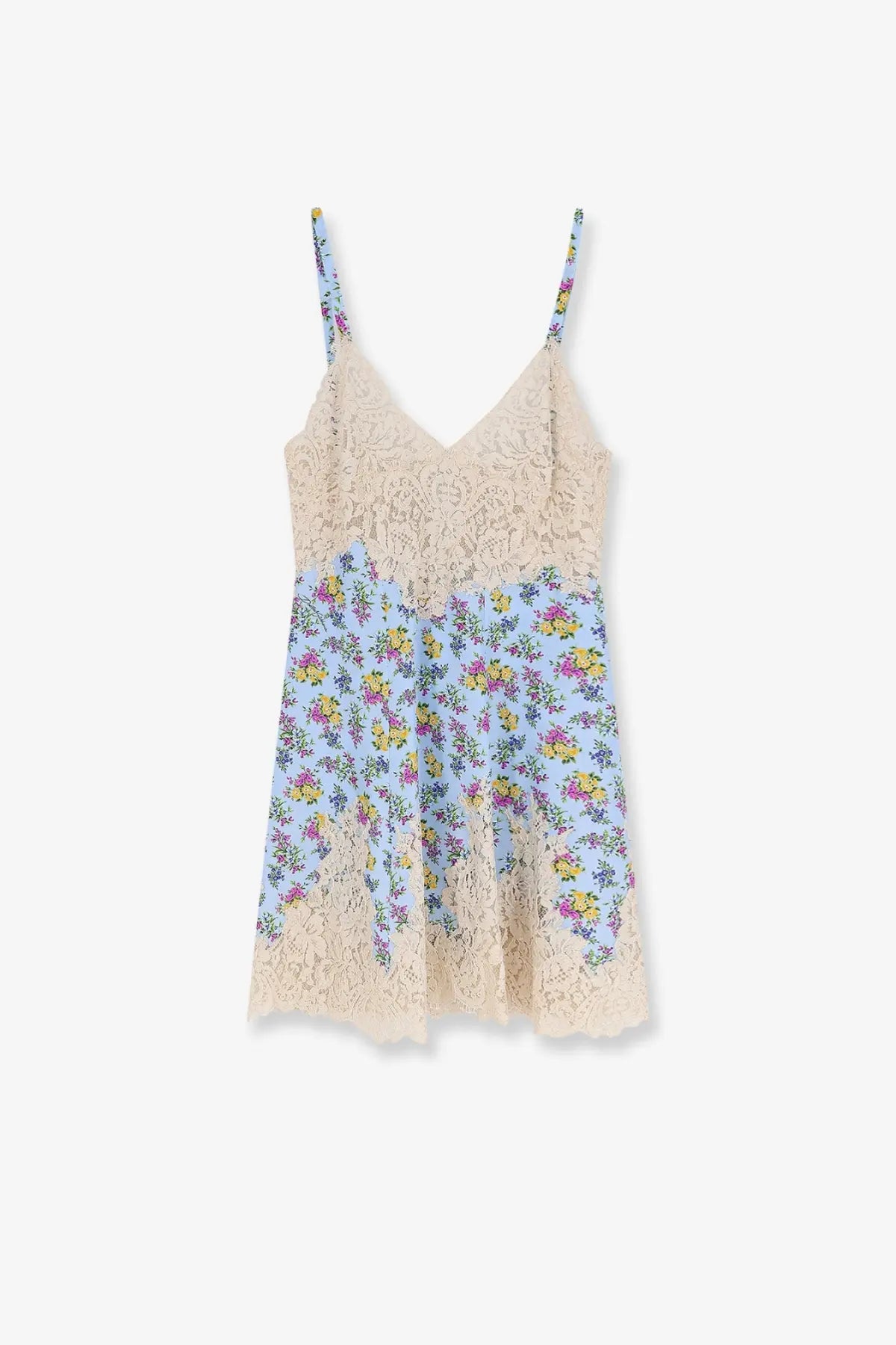 Beige lace camisole dress with thin straps and pastel floral print in a silk blend by Dolce and Gabbana