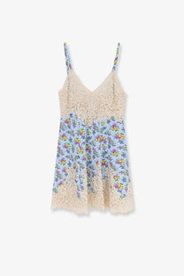 Beige lace camisole dress with thin straps and pastel floral print in a silk blend by Dolce and Gabbana