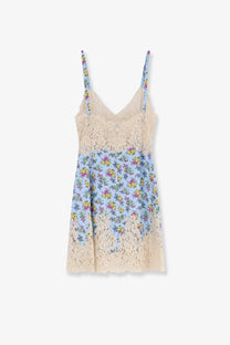 Dolce &amp; gabbana women’s silk blend dress black featuring a delicate light blue floral print camisole with cream lace trim