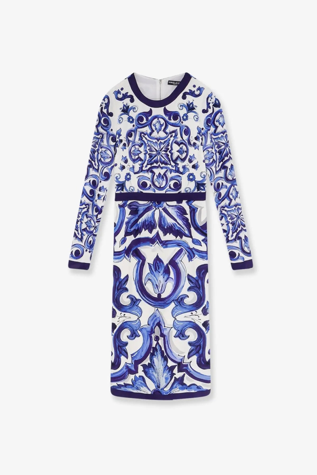 Dolce &amp; gabbana women’s white silk blend dress with blue floral geometric pattern and navy trim