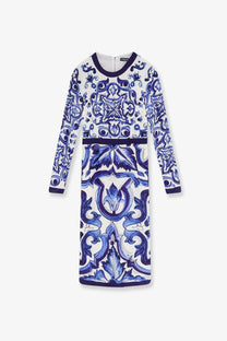 Dolce &amp; gabbana women’s white silk blend dress with blue floral geometric pattern and navy trim