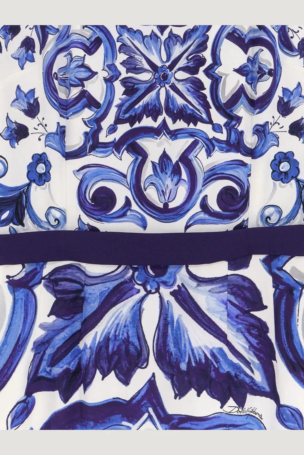 Dolce &amp; Gabbana women’s silk blend dress blue with a white silk scarf featuring blue floral tile pattern and dark purple band