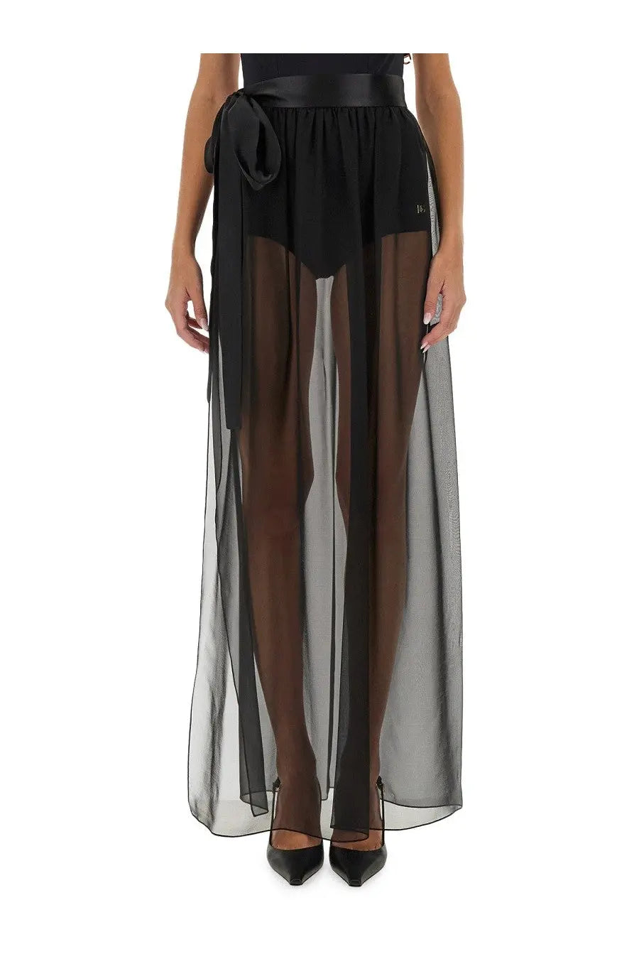 Dolce and gabbana women’s black silk chiffon long skirt with sheer overlay and matching satin belt at the waist