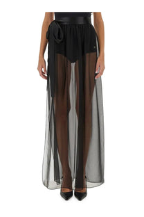 Dolce and gabbana women’s black silk chiffon long skirt with sheer overlay and matching satin belt at the waist