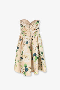 Beige floral strapless Dolce &amp; Gabbana women’s silk dress with ruched bodice and flowing skirt