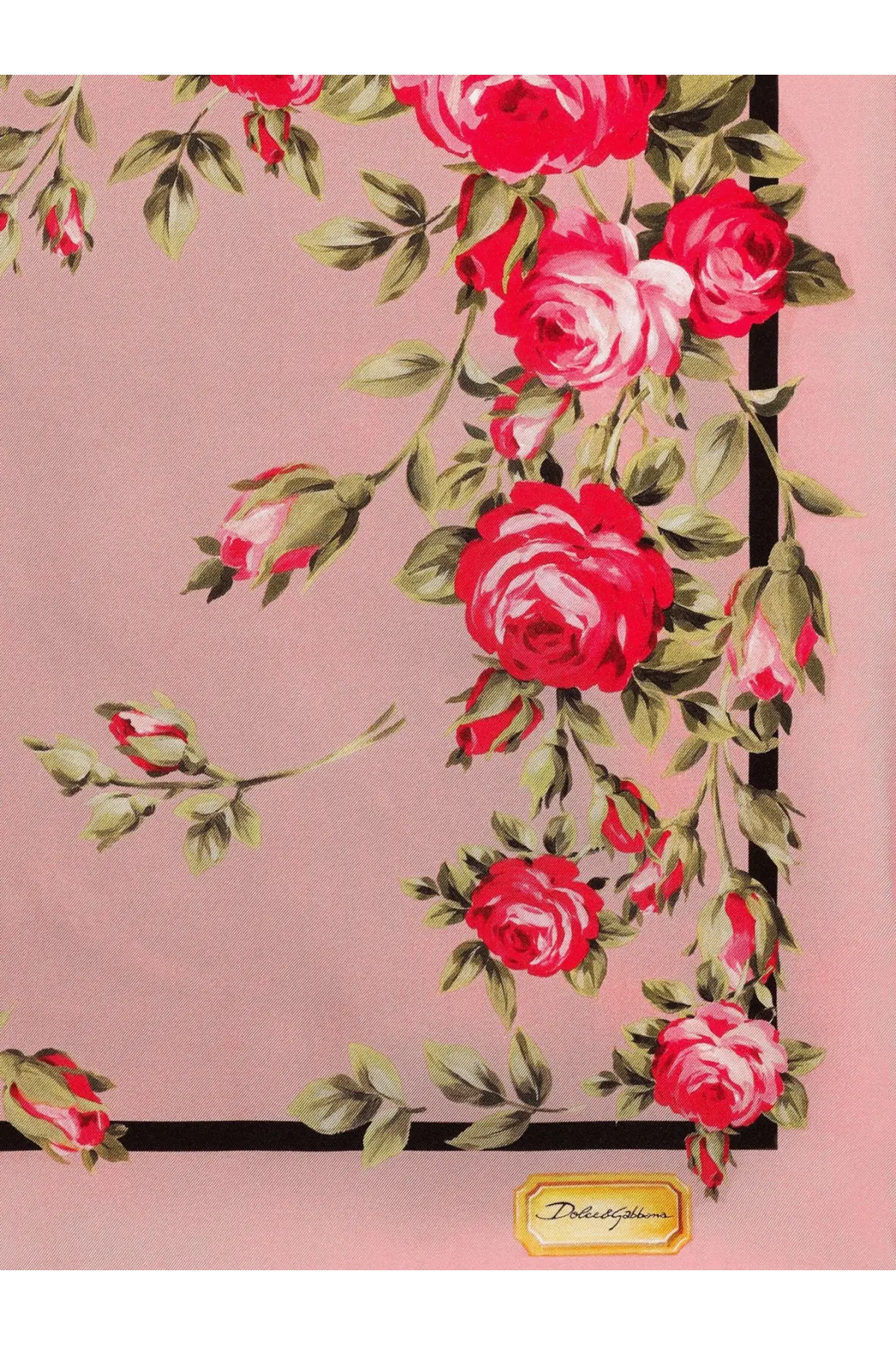 Dolce &amp; Gabbana women’s pink silk foulard with red rose and green leaf pattern and black border trim