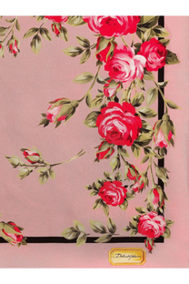 Dolce &amp; Gabbana women’s pink silk foulard with red rose and green leaf pattern and black border trim