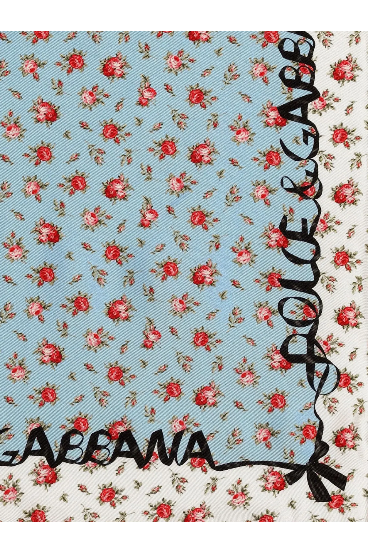 Dolce &amp; Gabbana women’s light blue silk foulard with red rose pattern and black cursive logo along edges