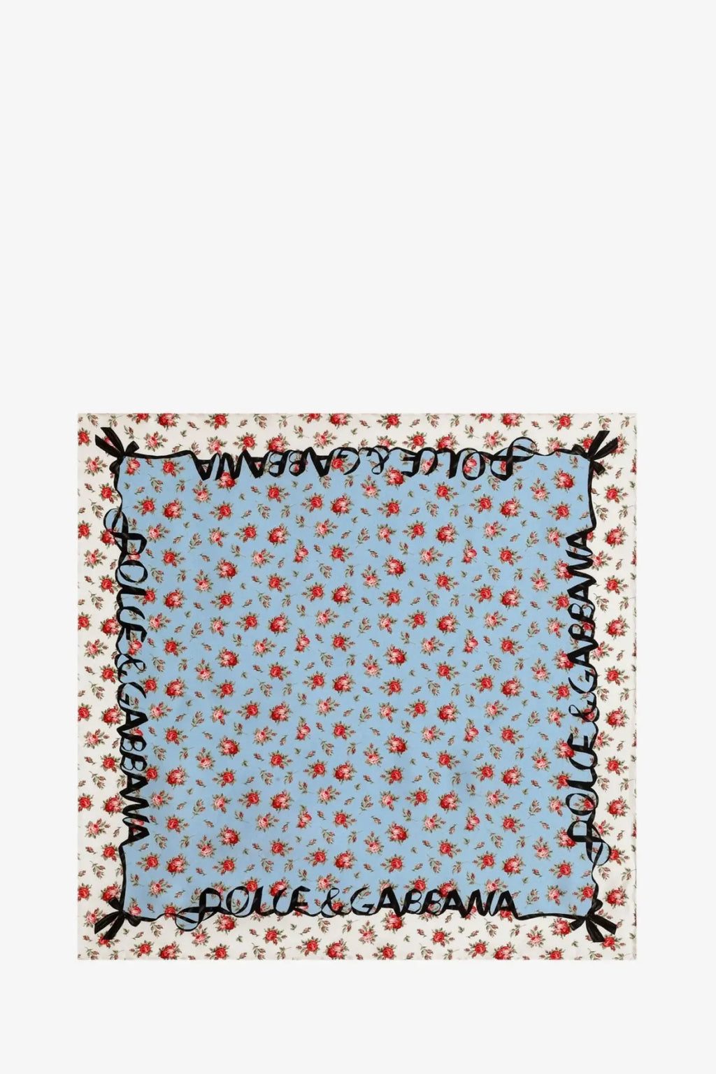 Dolce and gabbana women’s silk foulard in light blue with delicate red floral pattern and black script border