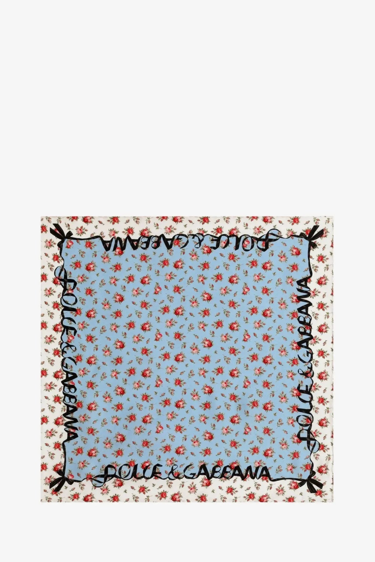 Dolce and gabbana women’s silk foulard in light blue with delicate red floral pattern and black script border