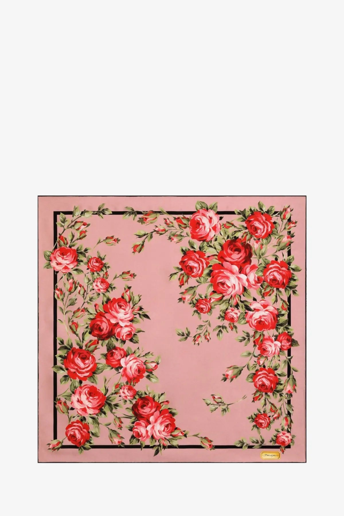 Dolce &amp; Gabbana women’s silk foulard blue pink silk scarf with vibrant red roses green leaves and black border
