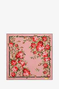 Dolce &amp; Gabbana women’s silk foulard blue pink silk scarf with vibrant red roses green leaves and black border