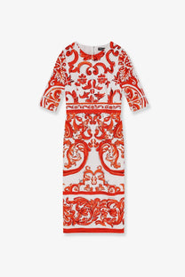 Dolce &amp; Gabbana women’s silk long dress white with vibrant red and white damask pattern and three-quarter sleeves