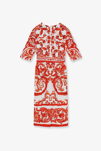Dolce &amp; Gabbana women’s silk long dress white featuring a vibrant red and white patterned midi dress with baroque embroidery