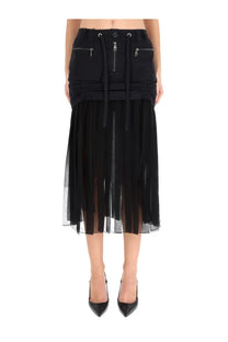 Dolce &amp; Gabbana women’s black silk midi skirt with high waist, zipped pockets, drawstrings, and sheer tulle overlay