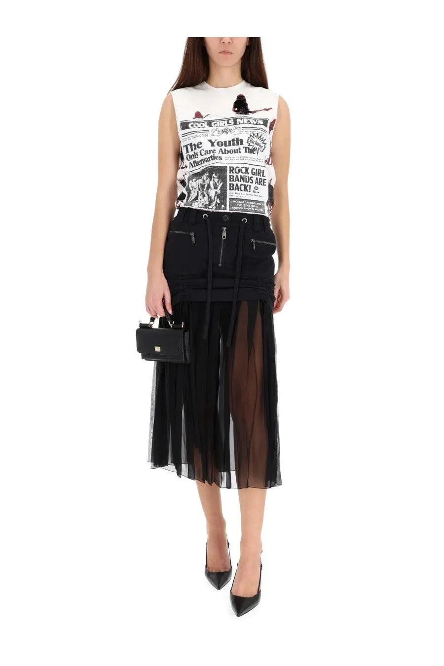 Black mini handbag with gold tone clasp and handle complementing dolce and gabbana women’s silk midi skirt black