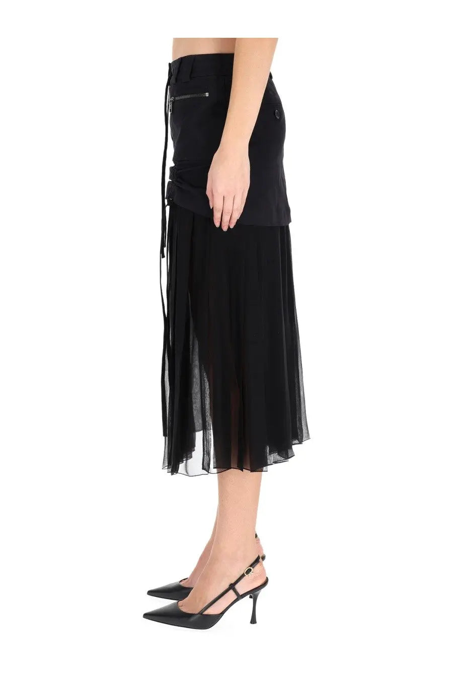Dolce &amp; Gabbana women’s black silk midi skirt with pleats sheer overlay and side tie detail