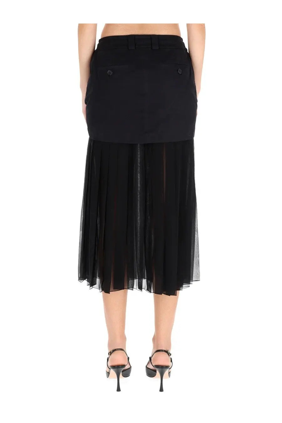 Dolce &amp; Gabbana women’s black silk midi skirt with a structured waistband and sheer pleated overlay