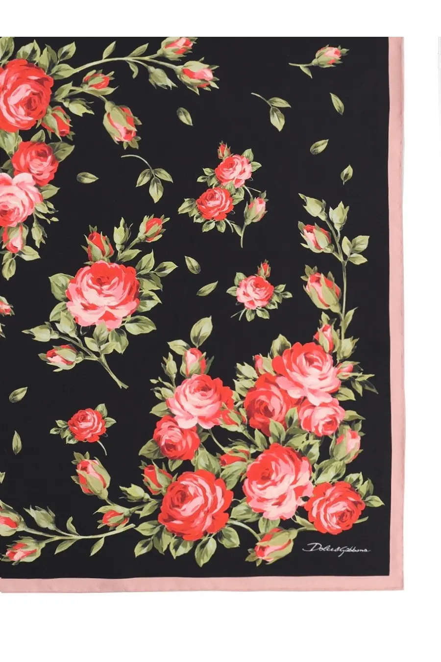 Dolce &amp; Gabbana women’s black silk scarf with vibrant red rose floral pattern and soft pink border