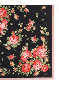 Dolce &amp; Gabbana women’s black silk scarf with vibrant red rose floral pattern and soft pink border