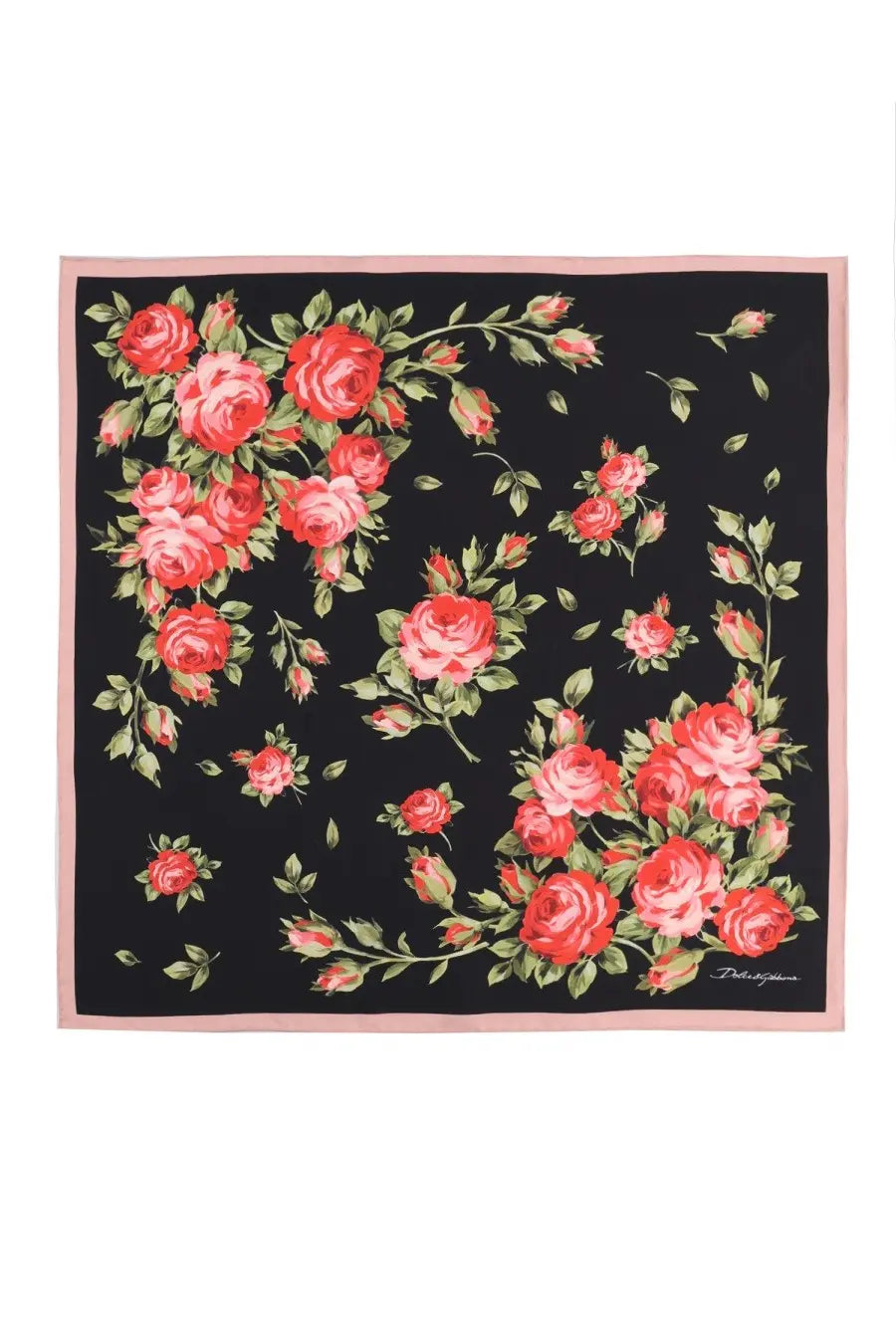 Dolce &amp; Gabbana women’s black silk scarf with vibrant pink rose floral pattern and delicate pink border