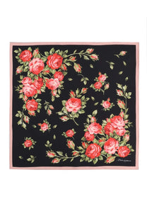 Dolce &amp; Gabbana women’s black silk scarf with vibrant pink rose floral pattern and delicate pink border