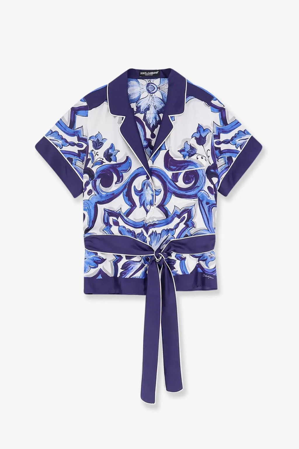 Dolce &amp; gabbana women’s blue and white patterned silk pajama top with short sleeves and tied waistband