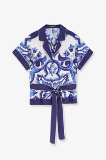 Dolce &amp; gabbana women’s blue and white patterned silk pajama top with short sleeves and tied waistband