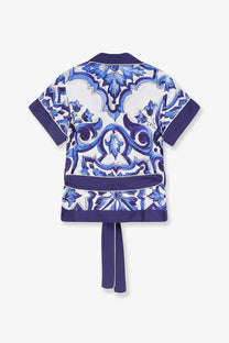 Dolce &amp; Gabbana women’s silk short-sleeved robe in blue and white pattern with matching belt