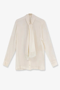 Dolce &amp; Gabbana women’s cream silk blouse with tie-front detail and delicate fringe trim in white